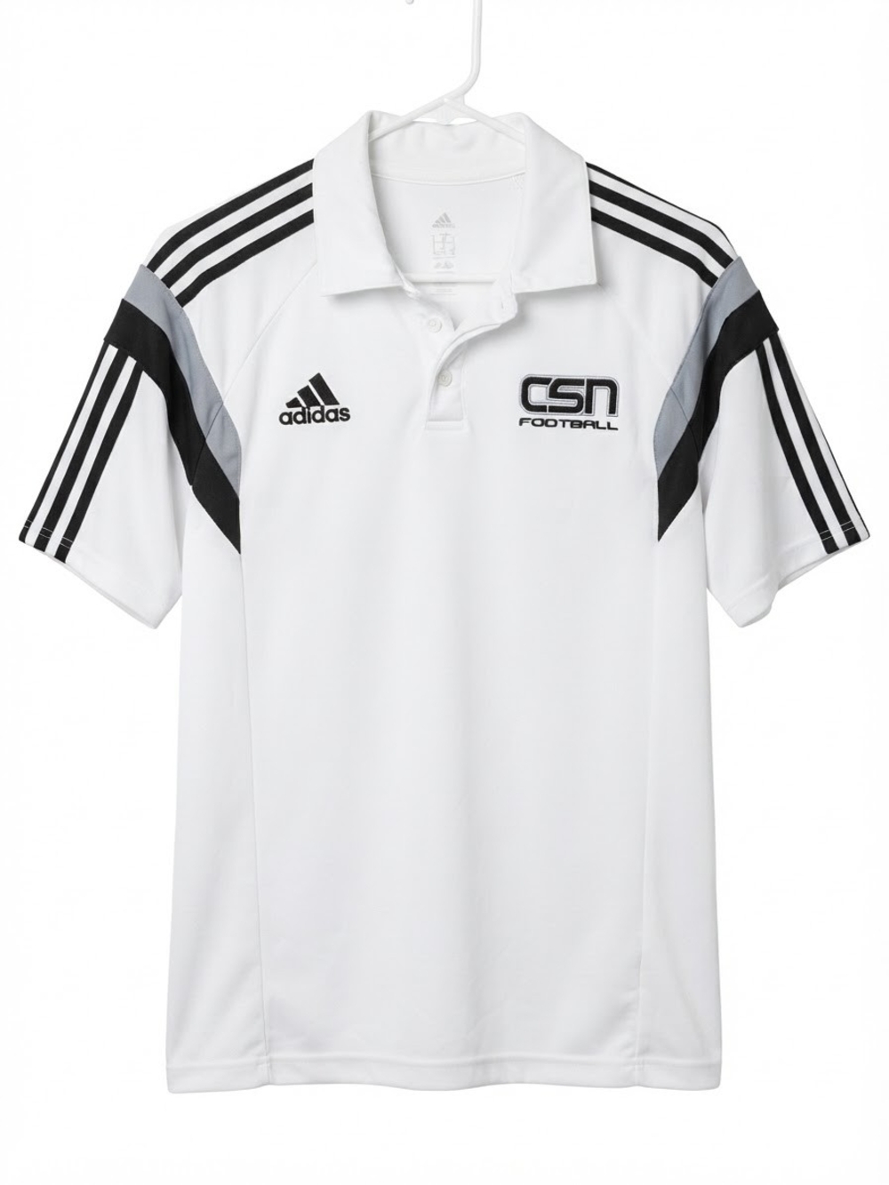 adidas Men's CSN Football White Polo with Black and Gray Shoulder Stripes